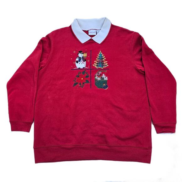 Red Christmas Collared Sweatshirt Size M Snowman Plaid Tree Poinsettia Holiday - Picture 12 of 12